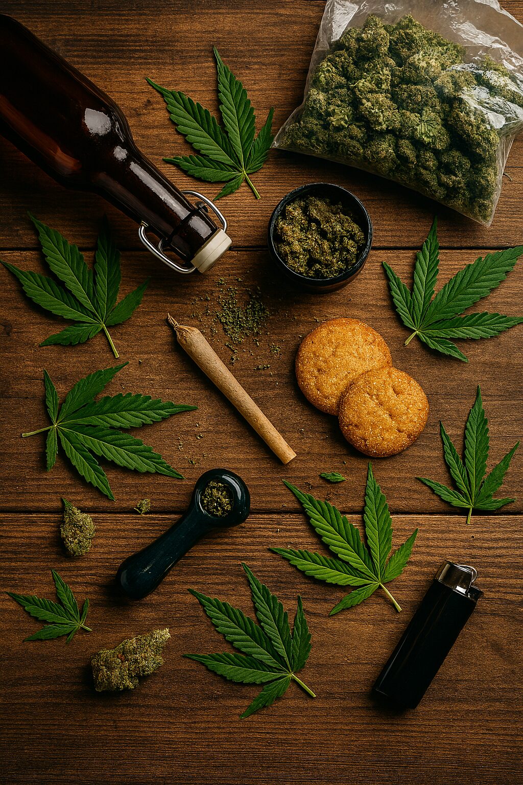 Cannabis-themed party spread with joint, cookies, buds, and accessories